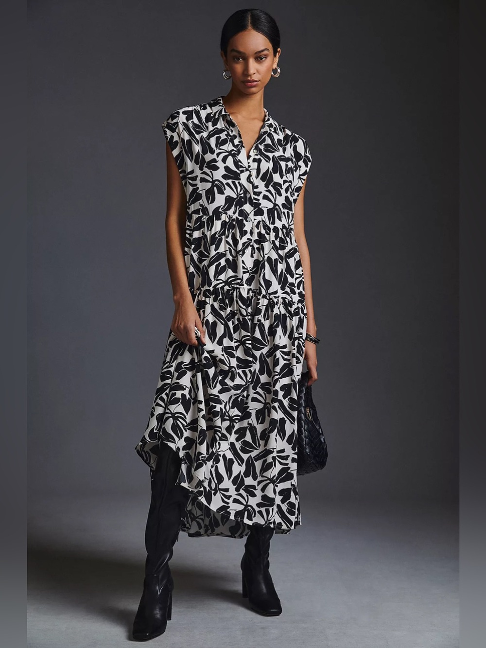 By Anthropologie Tiered Shirt Dress in White & Black Floral Print, Size Medium